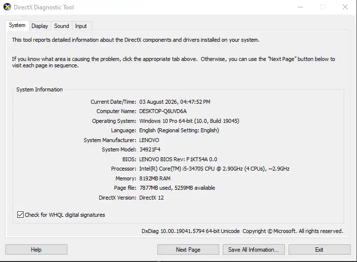 directx diagnostic tool system tab check for CPU installed RAM