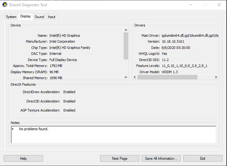 directx diagnostics current driver version under display