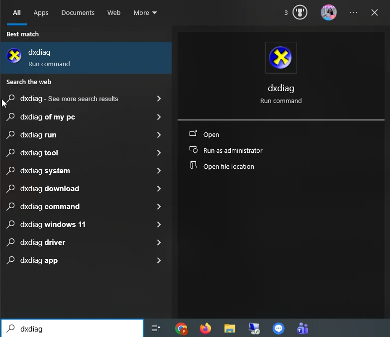 search bar type dxdiag