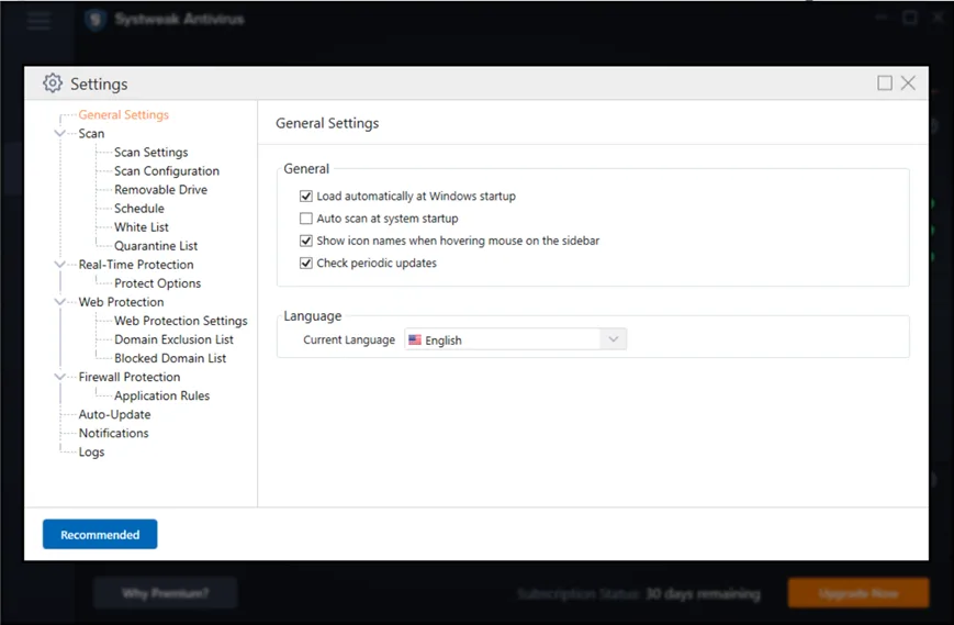 Systweak Antivirus General Setting