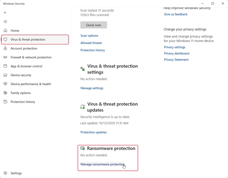 Manage ransomware protection