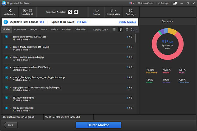 Once the scan is complete, you’ll see the scan results where duplicates are grouped together. You can view them in Group View, Thumbnail View or List View, based on your preference.