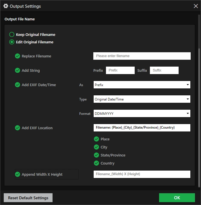 Customizable Output Settings