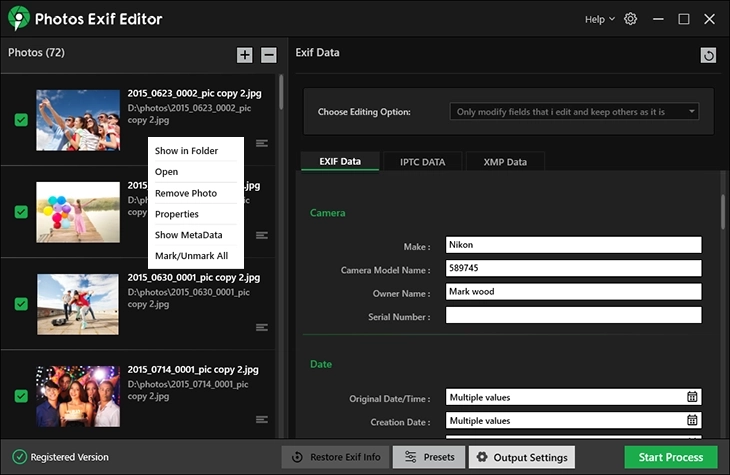 EXIF Data, IPTC Data and XMP Data
