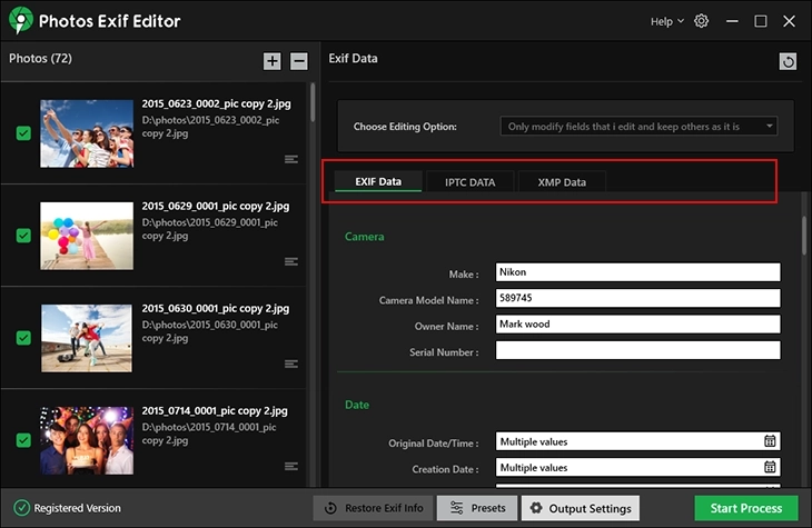 EXIF Data, IPTC Data and XMP Data