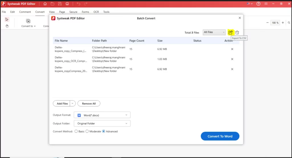 Option to export the list of these PDF files