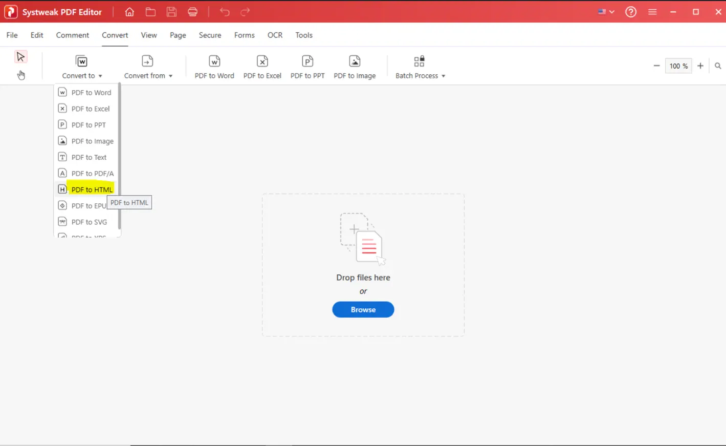 select the PDF to HTML option