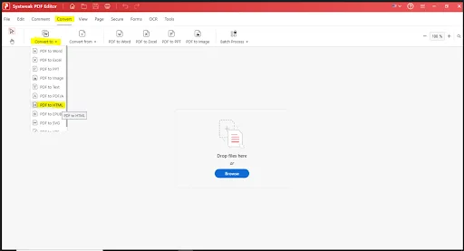 select the PDF to HTML option