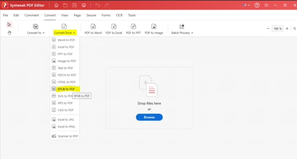 Choose the EPUB to PDF option