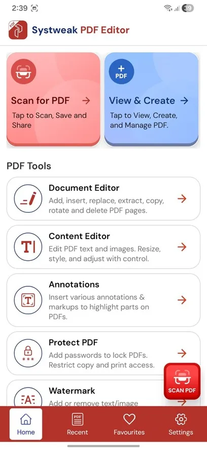 systweak pdf editor home screen