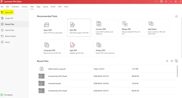 Click the open pdf option from dashboard