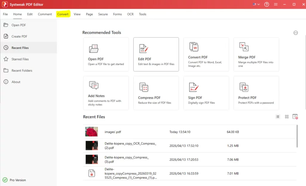 Convert tab in Systweak PDF Editor