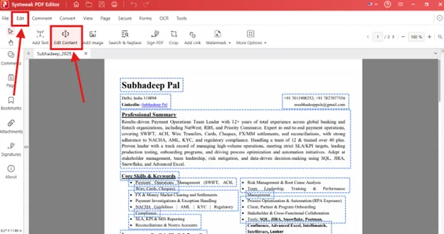 go to edit content option