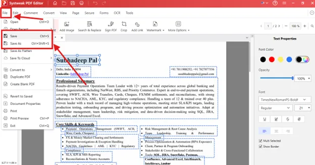save the document in pdf format