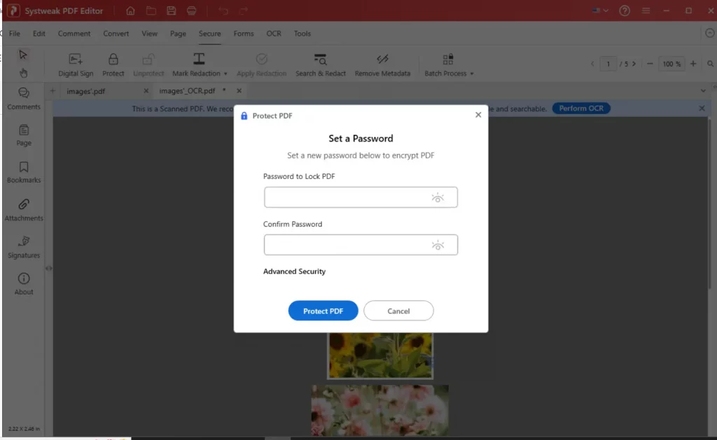secure the PDF by adding a password