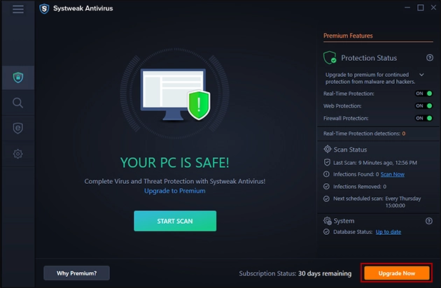 Systweak Antivirus Left Panel