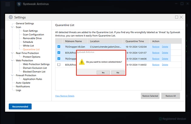 Select the file you wish to put back and hit Restore