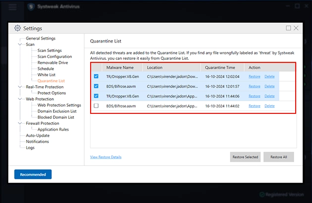 Select the file you wish to put back and hit Restore
