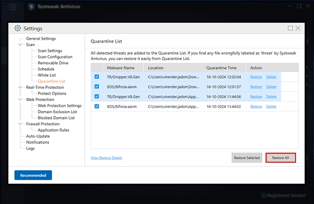 Select the file you wish to put back and hit Restore