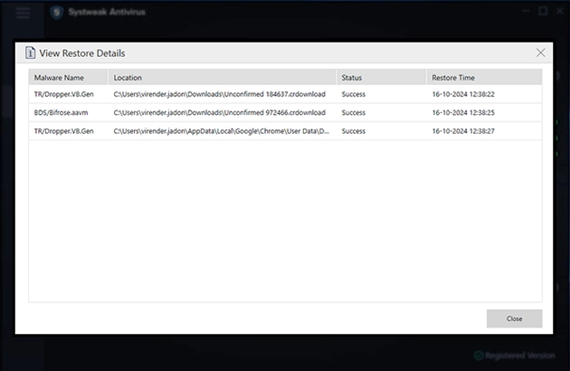 Select the file you wish to put back and hit Restore