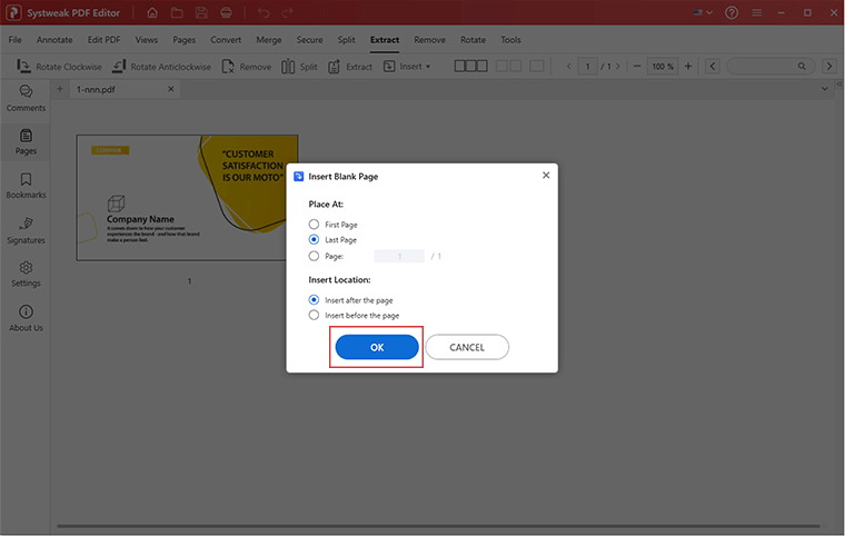 Select where you want to add blank pages - Before the first page, After the last page, or After a specific page number