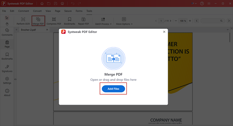 In the new Merge PDF window, drag and drop files or click the Add Files button to import the PDF files from your computer