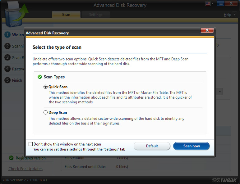 Advanced Disk Recovery Scan Selection