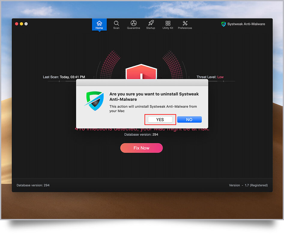 2. A dialog box will appear asking your confirmation. Click on 'Yes' button to uninstall Systweak Anti-Malware.
