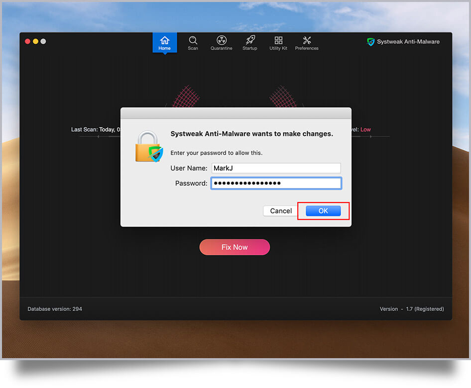 3. For security reasons, you will be asked to enter your Mac password. Enter your Mac password and click on the OK button.