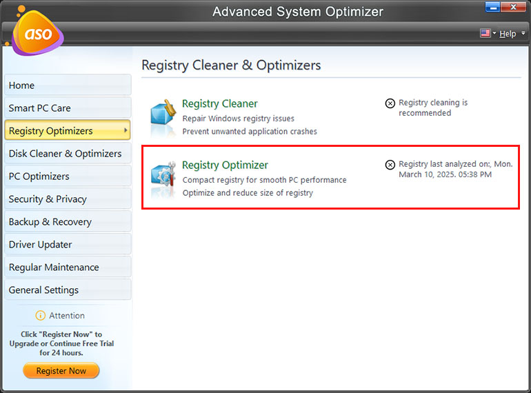 Click Registry Optimizers > click Registry Optimizer option.