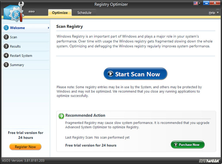 Click the “Start Scan Now” button to analyze the registry and determine the fragmentation volume.