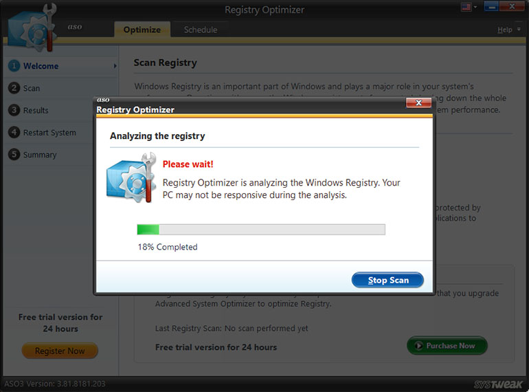 Wait for the entire Windows Registry to be scanned. Each section of the Registry is critically analyzed to check for fragments