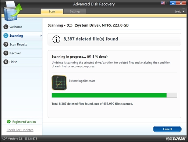 Advanced Disk Recovery Scanning process
