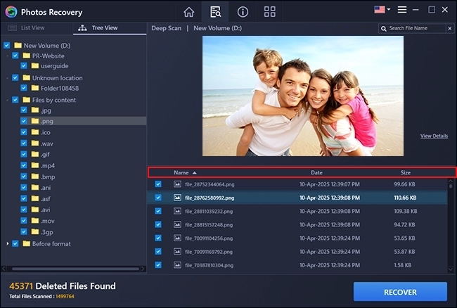 The pane below Preview shows the Name, Date, and Size of the scanned deleted images, audio, or video files.