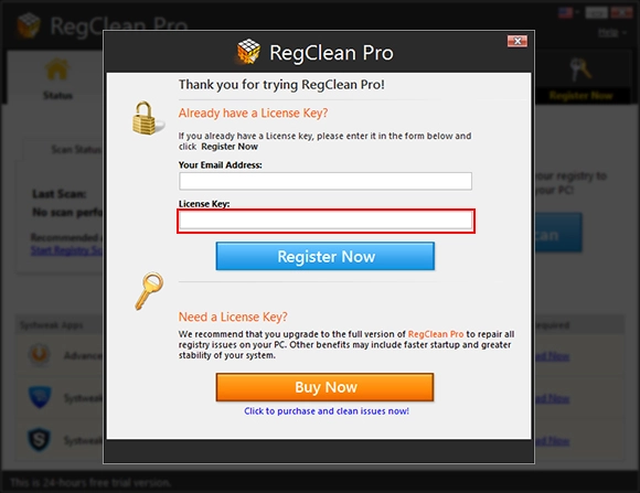 In the new window that opens, copy and paste the license key (avoid typing the key manually). Click on the Register Now option. 