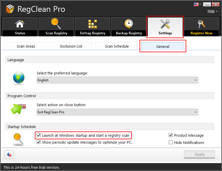 Click on the Settings > General tab and uncheck the setting ''Launch at Windows startup and start a registry scan''. 