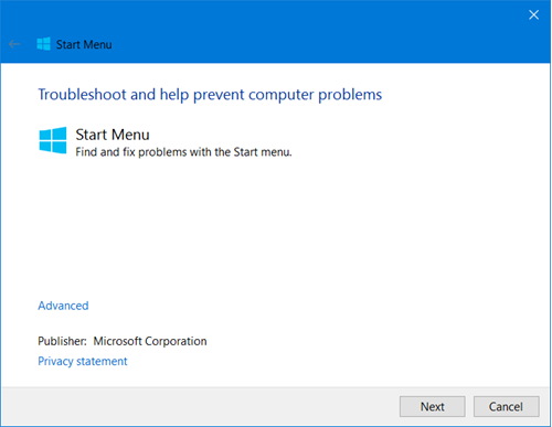 Run Start menu Troubleshooter
