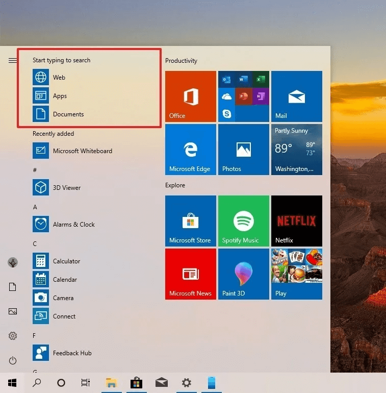Start menu - Windows 10 Insider Preview Builds 20 H1