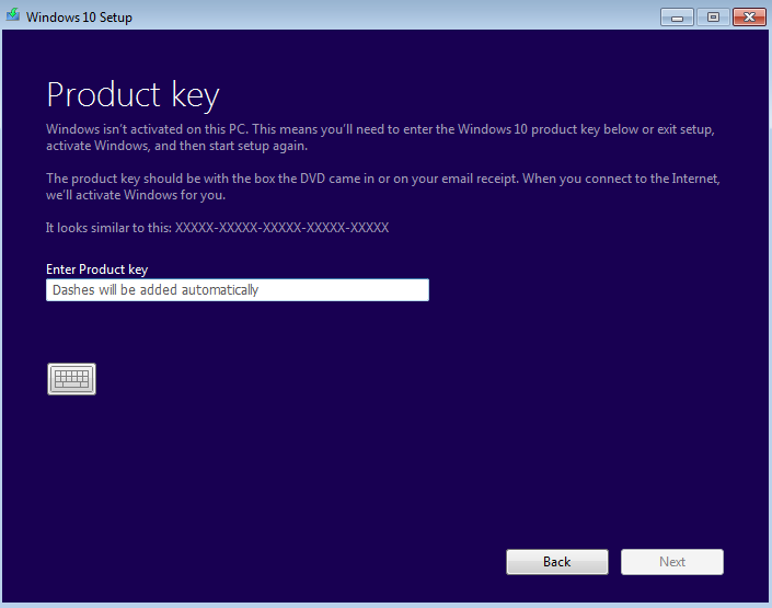 enter product key for upgrade