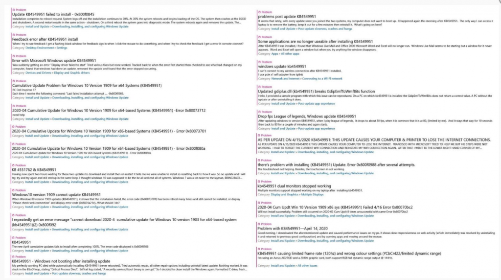 Issues Reported Via Feedback Hub About The Faulty Windows 10 Upgrade KB4549951