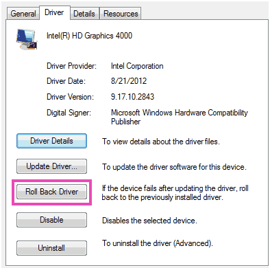 Roll Back Driver Settings