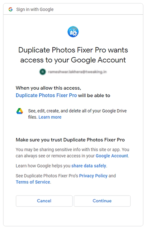 Sign-in to Your Google Account to Allow Duplicate Photos Fixer Pro the Access